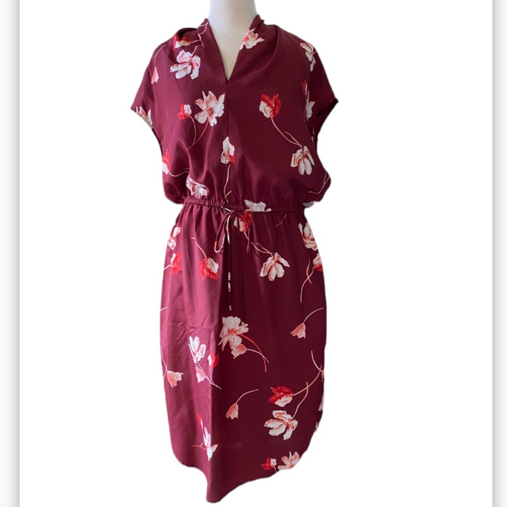 LAUREN Ralph Lauren 100% SILK Red Floral V-Neck MIDI Dress Sz 8